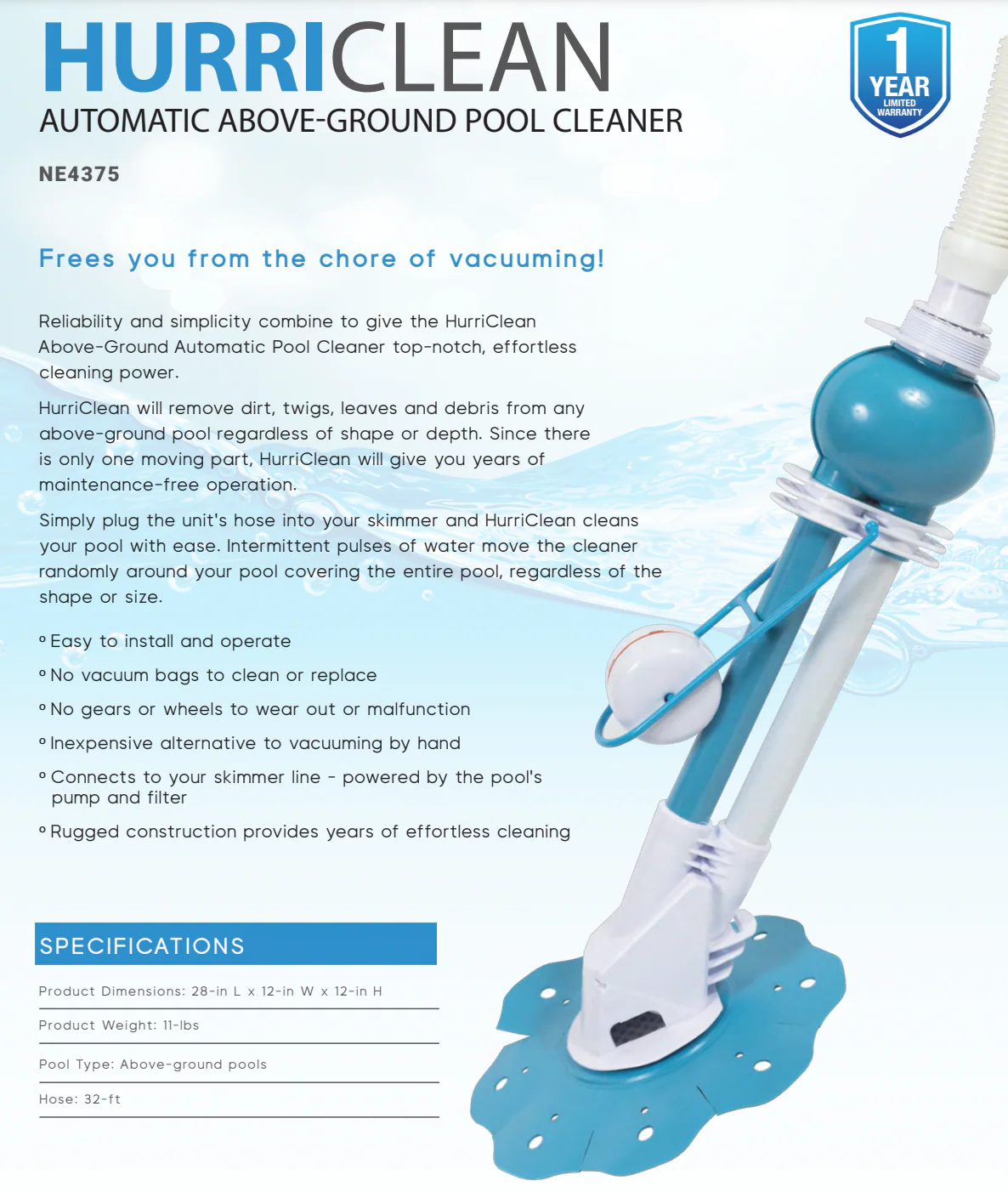 Hurriclean Automatic Above Ground Suction-Side Pool Cleaner - Image 2