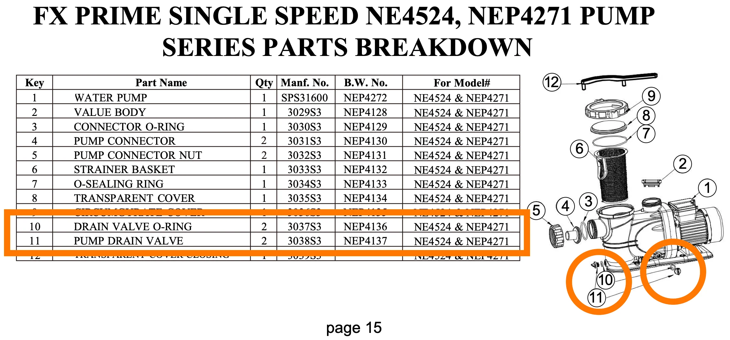 Replacement Part 2 (TWO) NEP4136 Pump Drain Valve and 2 (TWO) NEP4137 O-Ring