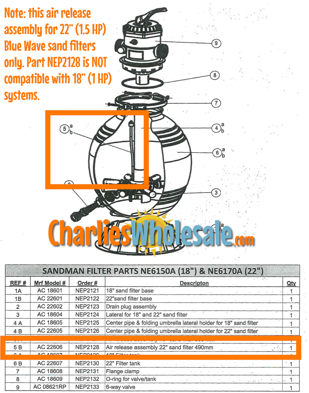 Replacement Part AC 22606 NEP2128 Air Release Tube for 22" Sand Filter