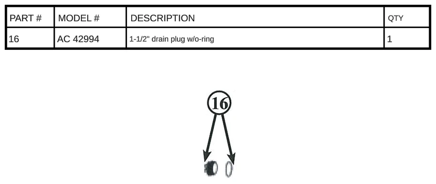 Replacement Part AC 42994 - 1-1/2" drain plug w/o-ring - Image 3