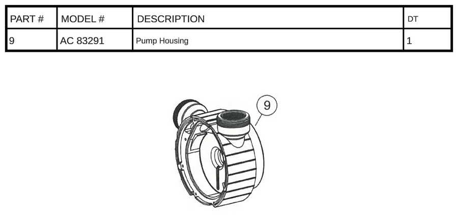 Replacement Part AC 83291 - Pump Housing