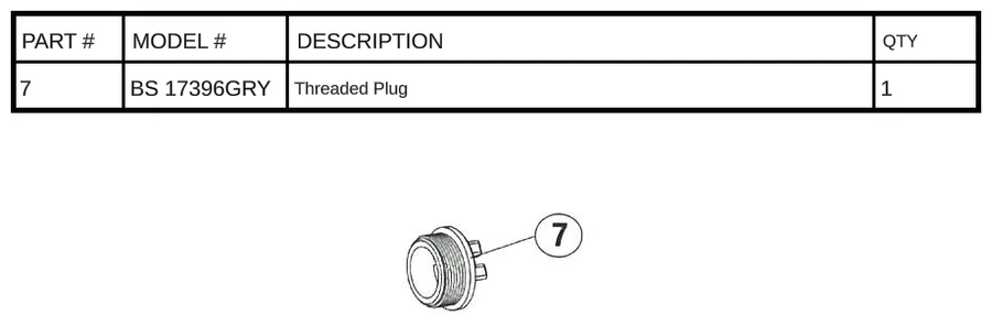 Replacement Part BS 17396GRY - Threaded Plug