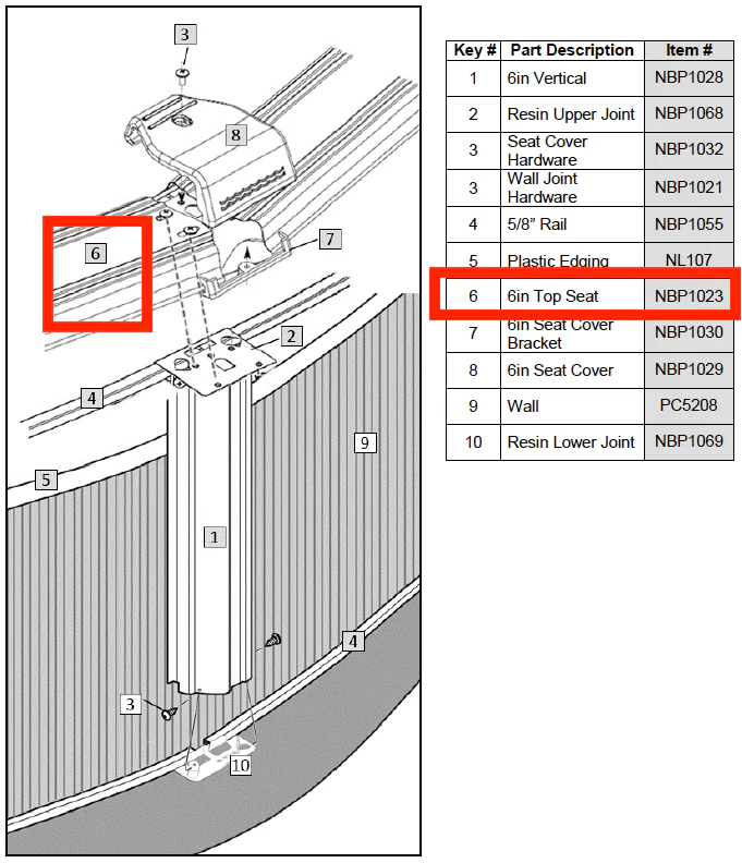Replacement Part NBP1023 6" Top Seat for 18' Round Asahi