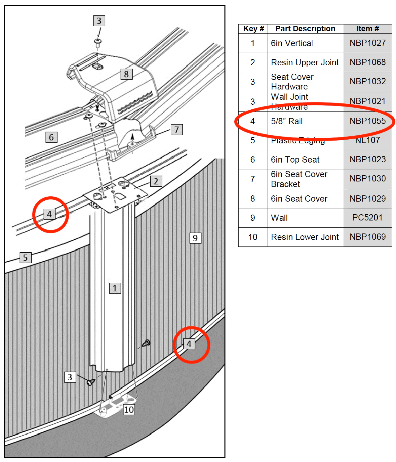 Replacement Part NBP1055 5/8" Rail