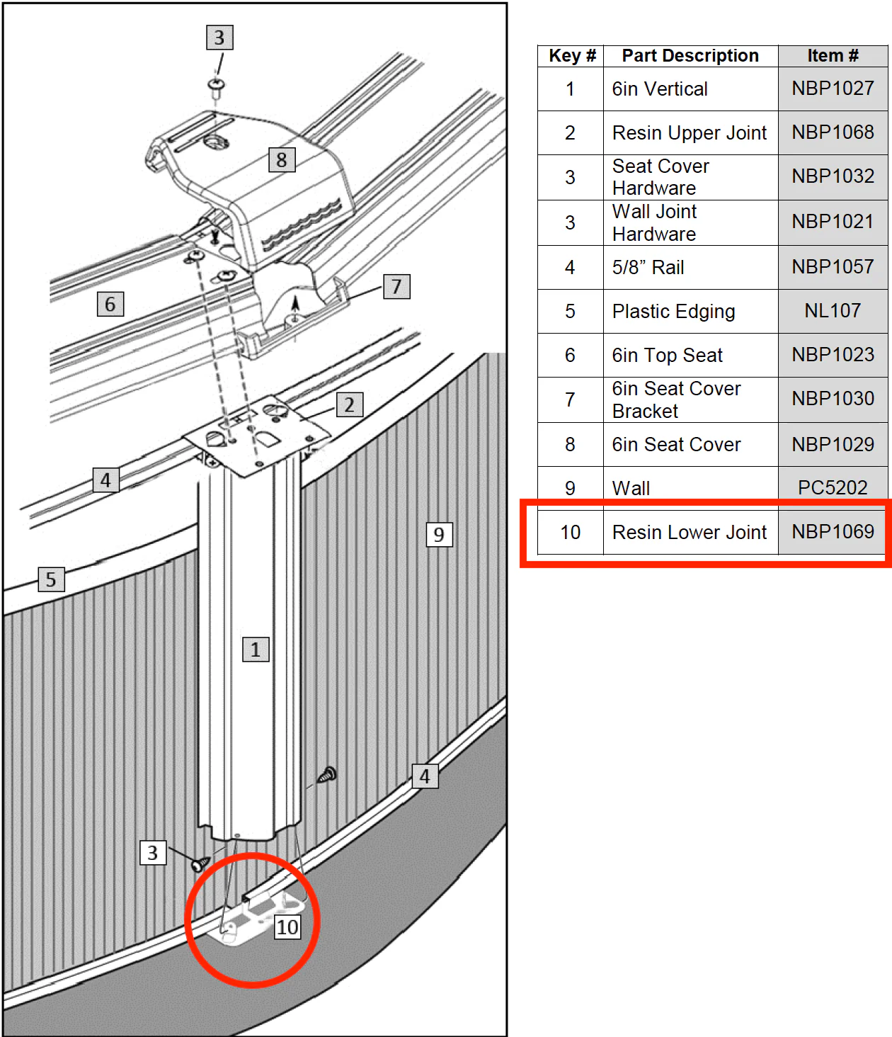 Replacement Part NBP1069 6 Inch Resin Lower Joint Plate Asahi