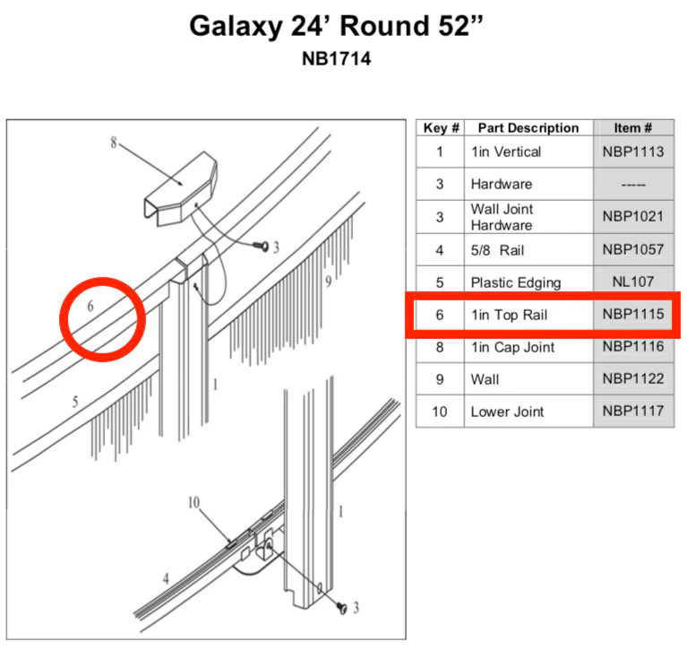 Replacement Part NBP1115 1 Inch Rail for 24' Diameter Pool