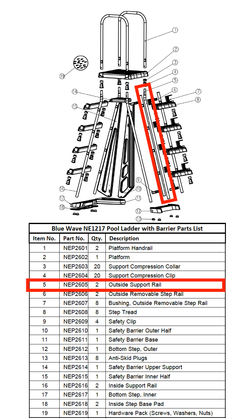 Replacement Part NEP2605 Outside Support Rail