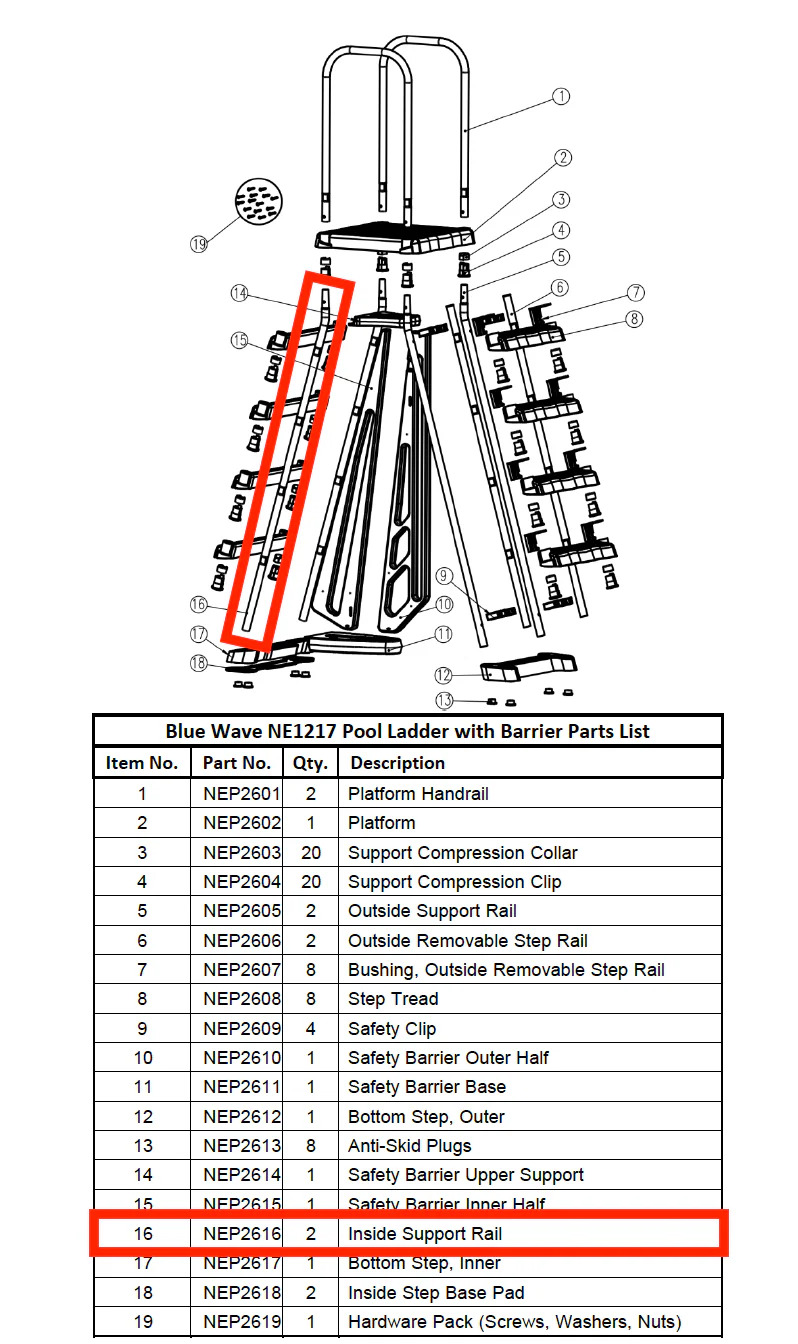 Replacement Part NEP2616 Inside Support Rail