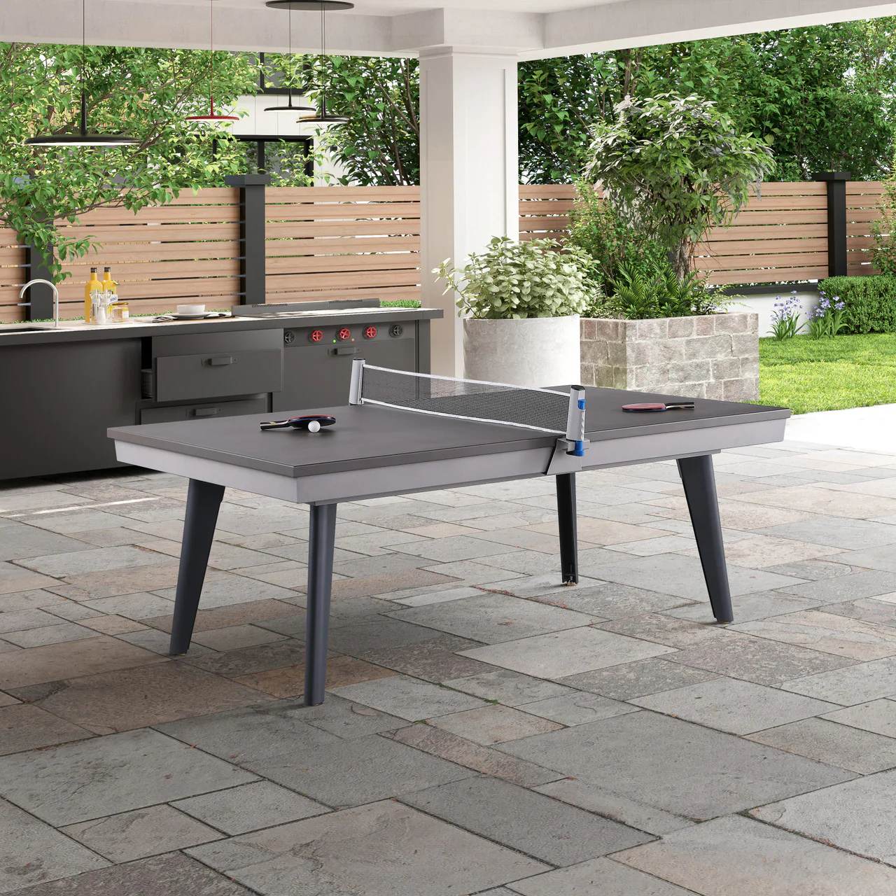 Santorini 82" Outdoor Slate Pool Table with Dining Top Benches and Ping Pong - Image 4