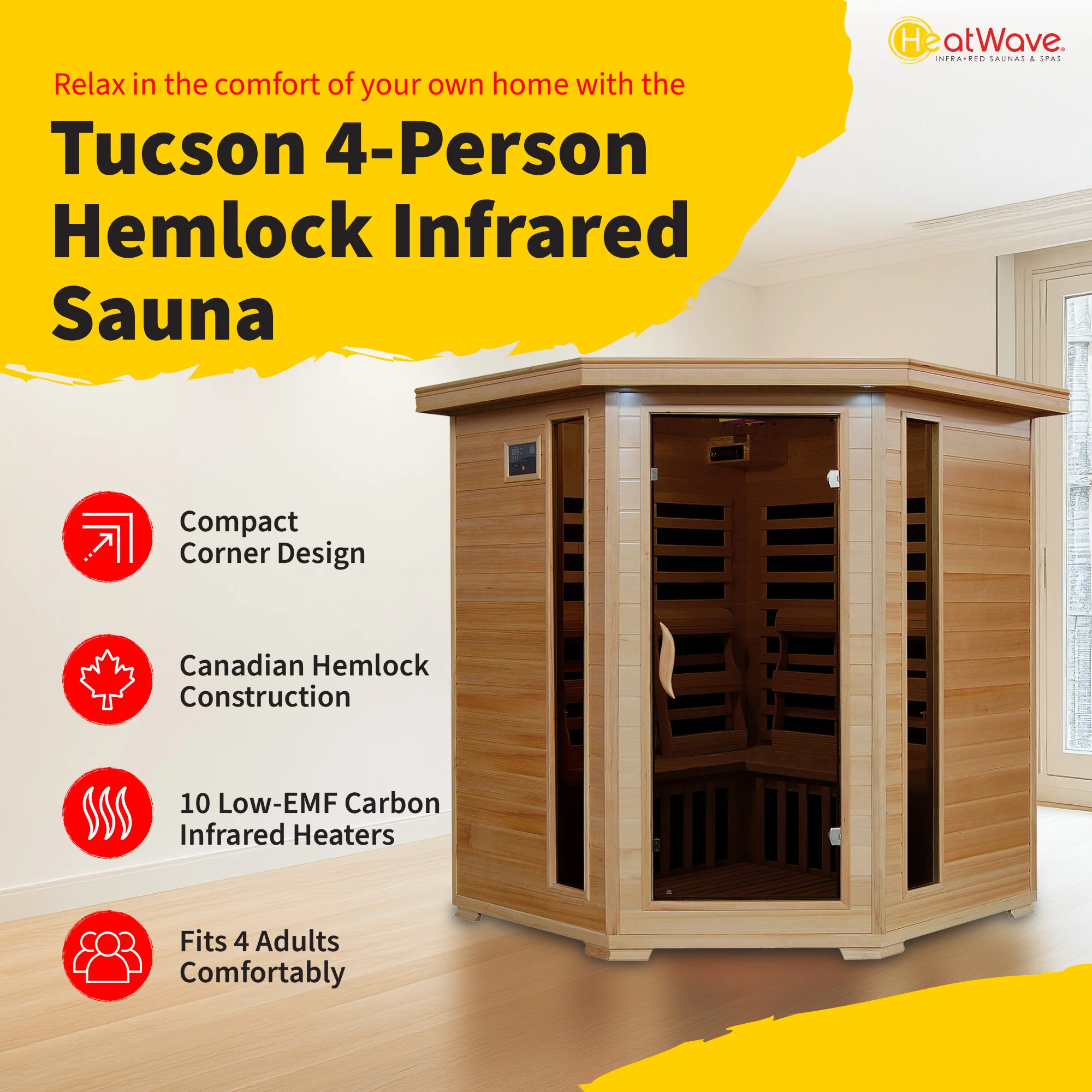 Tucson 4 Person Hemlock Corner Infrared Sauna with 10 Carbon Heaters - Image 5
