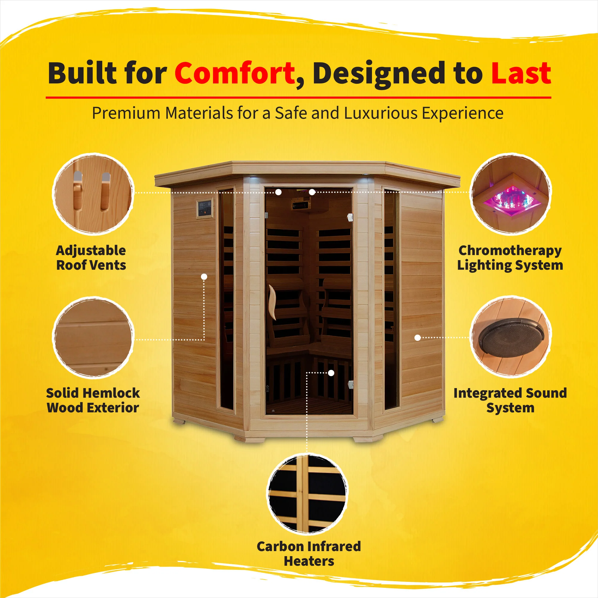 Tucson 4 Person Hemlock Corner Infrared Sauna with 10 Carbon Heaters - Image 6